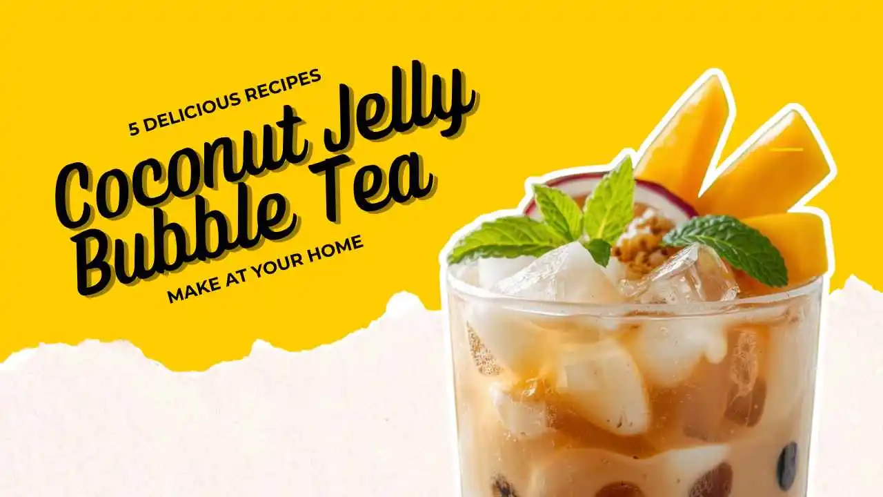 Homemade coconut jelly bubble tea recipe showing chewy nata de coco boba in milk tea drink